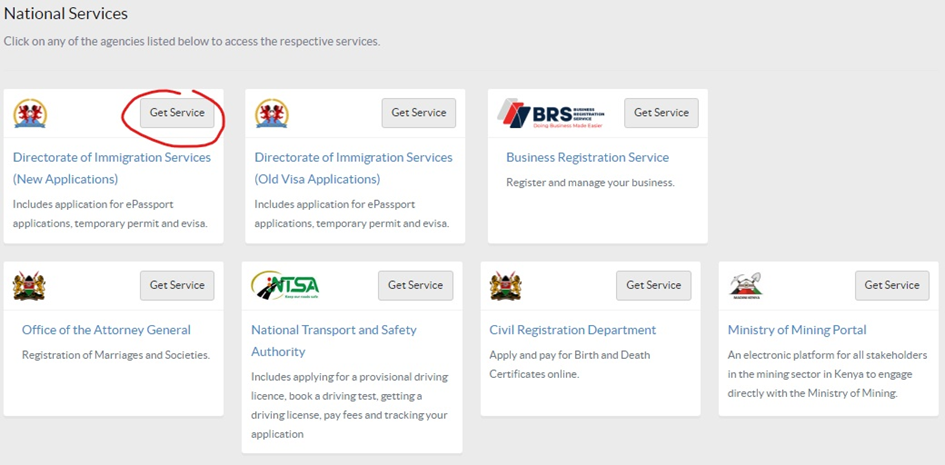 Výběr služeb portálu včetně žádosti o vízum do Keni